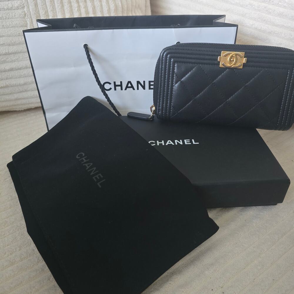 Chanel Small Boy Zip Around Wallet Black Lambskin Gold Hardware